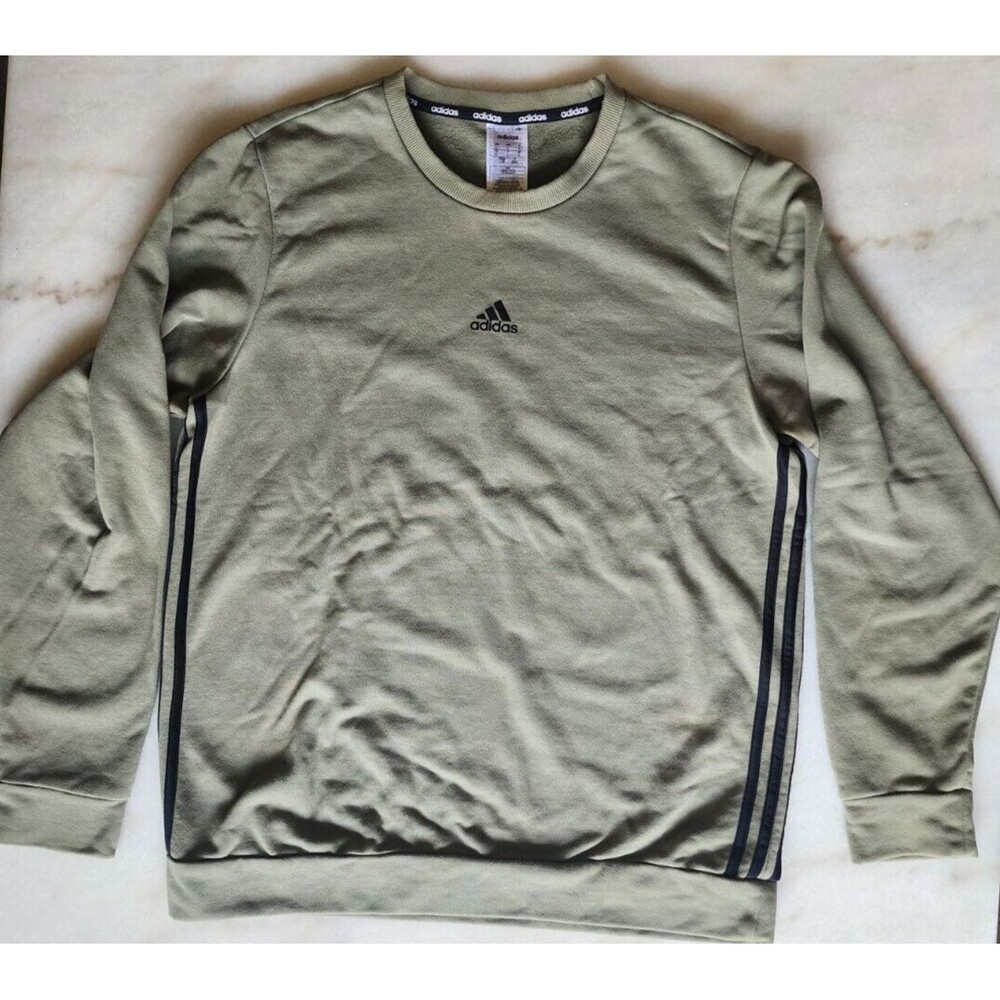 Adidas Sweater LG Trefoil Three Stripes Athletic Army Green Pullover Crewneck